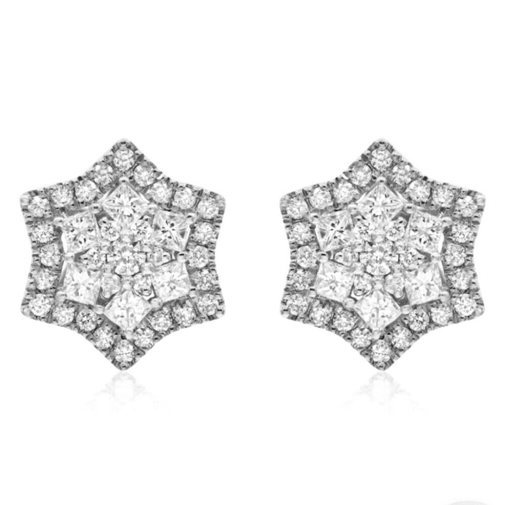 Flower Cluster Star White Gold Sterling Silver Hip Hop Screw Back Stud Earrings